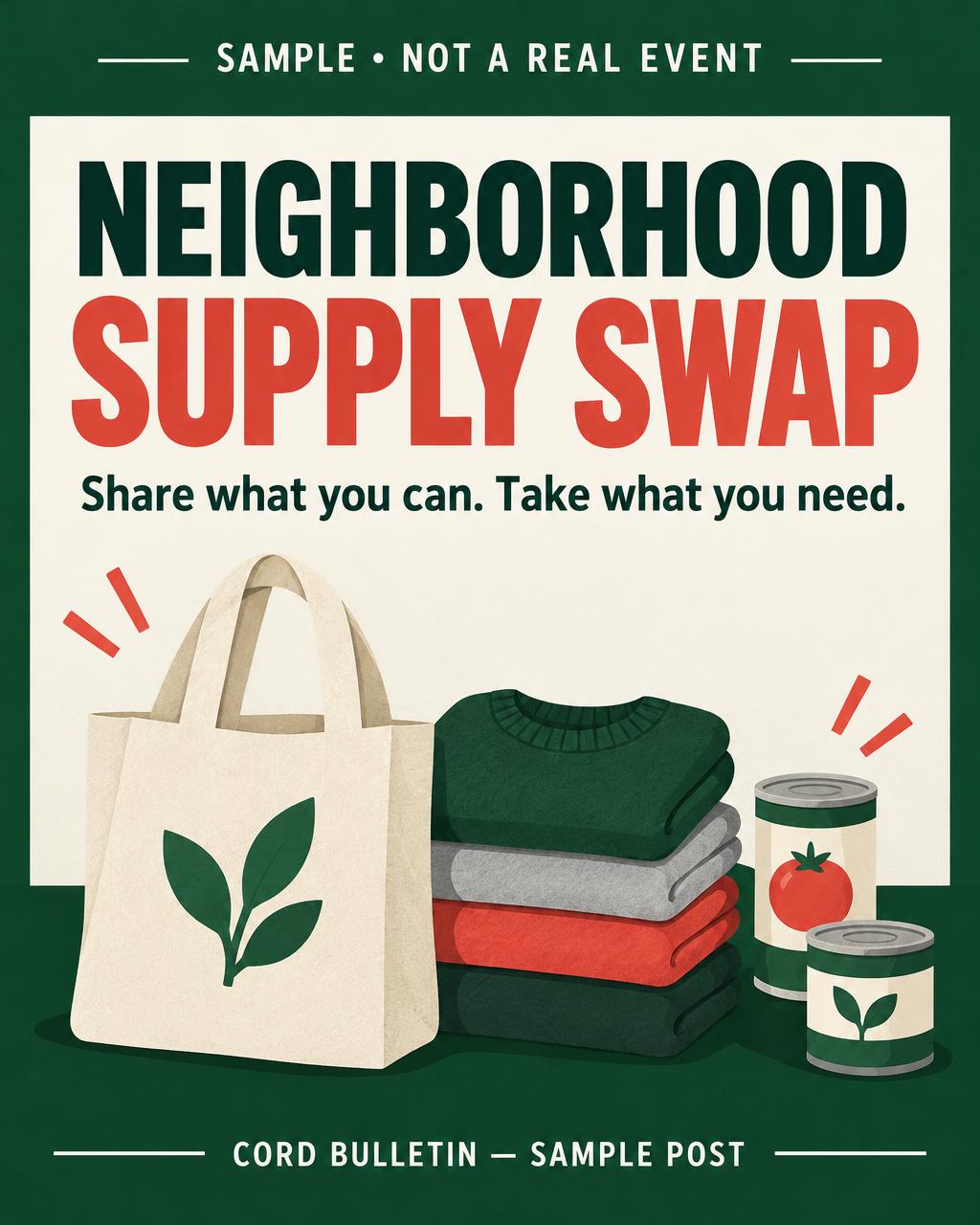 Sample supply swap flyer: Share what you can. Take what you need. Not a real event.